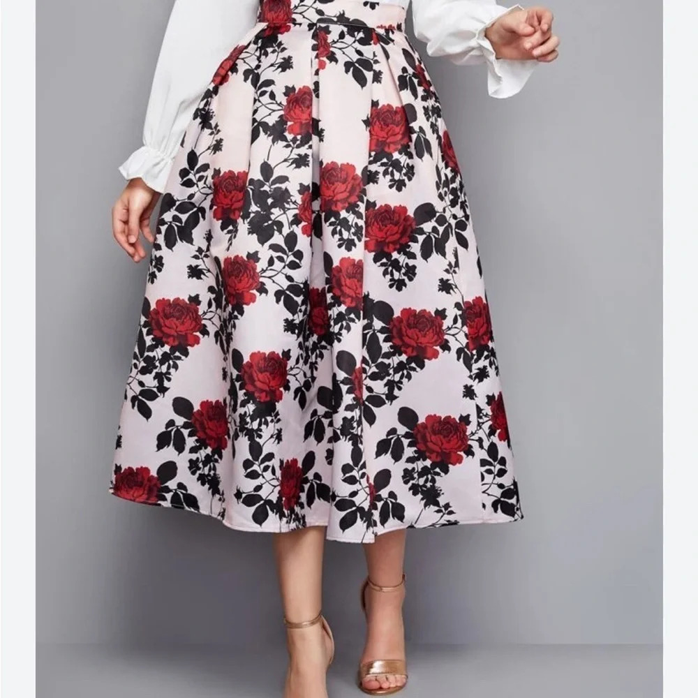 SHEIN‎ Classy Boxy Pleated Floral Midi Skirt Size XL - Picture 3 of 9